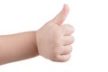 Approval thumbs up like sign, caucasian child hand gesture isolated over white Royalty Free Stock Photo