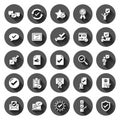 Approve icon set in flat style. Check mark vector illustration on black round background with long shadow effect. Tick accepted