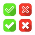 Approve and reject icon vector. Checkmark and x cross mark in square background