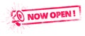 Now Open Label With Megaphone In Grunge Style Royalty Free Stock Photo