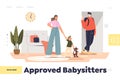 Approved babysitter concept of landing page with father leaving kids on young nanny at home