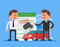 Approved car loan vector illustration. Buying automobile concept. Dealer hand over keys to happy customer Royalty Free Stock Photo