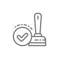 Approved, check mark stamp, verification, validation, quality control line icon.