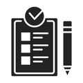 Approved checklist black glyph icon. Check mark list, office organization briefings or questionnaire checkbox concept. Sign for