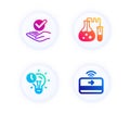 Approved, Chemistry lab and Time management icons set. Contactless payment sign. Vector