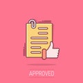 Approved document icon in comic style. Authorize cartoon vector illustration on white isolated background. Agreement check mark