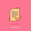 Approved document icon in comic style. Authorize cartoon vector illustration on white isolated background. Agreement check mark