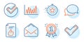 Approved document, Messenger and Reward icons set. Timer, Tick and Line graph signs. Mail, Verify symbols. Vector