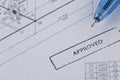 Approved engineering drawing documents with wrench. Royalty Free Stock Photo
