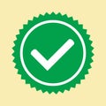 Approved icon. Green approved star sticker. Profile Verification. Accept badge. Green tick symbol, icon, sign in green color.