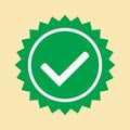 Approved icon. Green approved star sticker. Accept badge. Green tick symbol, icon, sign. Done. Confirmed account icon.