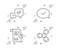 Approved message, Report and Approve icons set. Chemical formula sign. Vector