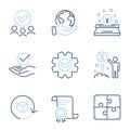 Approved, Puzzle and Cogwheel icons set. Income money, Return package and Typewriter signs. Vector