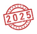 Approved 2025 red stamp. Grange mark in red paint on white background. Vector Royalty Free Stock Photo