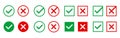 Approved and rejected icons. Green and red symbols on white background. Right and wrong marks for web design or app