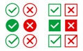 Approved and rejected icons on white backdrop. Green and red marks. Right and wrong symbols. Checkmark with circle or