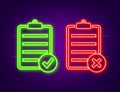 Approved and rejected rubber sign on document, green and red color. Neon icon. Vector illustration Royalty Free Stock Photo