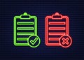 Approved and rejected rubber sign on document, green and red color. Neon icon. Vector illustration. Royalty Free Stock Photo