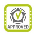 Approved sign. Approval stamp. Check mark label as documentation symbol yes. Success consumer control, quality. Modern flat vector Royalty Free Stock Photo