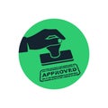 Approved stamp black icon. Green approved stamp in hand businessman. Royalty Free Stock Photo