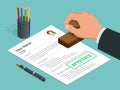 Approved stamp in hand businessman and Approved document with stamp, pen. Isometric Vector illustration. Royalty Free Stock Photo