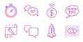 Approved, Timer and Rocket icons set. Contactless payment, Speech bubble and Spanner signs. Vector