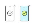 Approved trust check mark icon on mobile cell phone line outline art style vector or confirmed verified checkmark tick symbol on