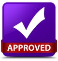 Approved (validate icon) purple square button red ribbon in middle