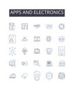 Apps and electronics line icons collection. Computers and devices, Vehicles and transportation, Clothing and apparel