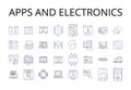 Apps and electronics line icons collection. Computers and devices, Vehicles and transportation, Clothing and apparel