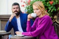 Apps normal way to meet and connect with other single people. Couple terrace drinking coffee. Casual meet acquaintance Royalty Free Stock Photo