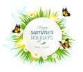 Appy summer holidays banner with grass and butterflies.