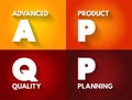 APQP Advanced Product Quality Planning - structured process aimed at ensuring customer satisfaction with new products or processes