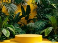 yellow podium surrounded by plants, AI GENERATED