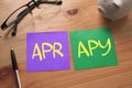 APR APY Annual percentage rate yield, text words typography written on paper against wooden background, life and business