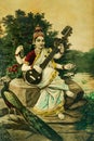 Vintage Painting of Goddess Saraswati , the Goddess of Learning is playing a Veena , India