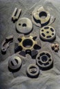 Vintage Sand casting, also known as sand moulded casting products is set on the sand Royalty Free Stock Photo