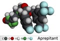 Aprepitant drug molecule. It is used to treat nausea and vomiting caused by chemotherapy and surgery. Molecular model. 3D