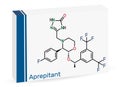 Aprepitant drug molecule. It is used to treat nausea and vomiting caused by chemotherapy and surgery. Skeletal chemical formula.