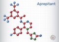 Aprepitant drug molecule. It is used to treat nausea and vomiting caused by chemotherapy and surgery. Structural chemical formula