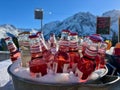 Apres ski in the Austrian Alps. Lillet bottles in a bucket on a sunny day. Brand, Vorarlberg, Austria, 13.01.2024.