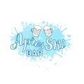 Apres ski bar logo with beer and ski. Trendy lettering banner leaflet. Skiing resort poster. Royalty Free Stock Photo