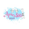 Apres ski bar logo with beer and ski. Trendy lettering banner leaflet. Skiing resort poster. Vector eps 10 Royalty Free Stock Photo