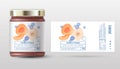 Apricot, apple and blueberry confiture. Sweet jam. Transparent slices, halves and cut fruits. Label and packaging simple design.