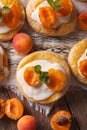 Apricot cakes with cream and mint close-up vertical top view