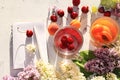 Apricot and cherry juice, apricots, cherries and grapes on a sunny table, top view, selective focus Royalty Free Stock Photo