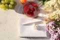 Apricot and cherry juice, apricots, cherries and grapes on a sunny table, top view, selective focus Royalty Free Stock Photo