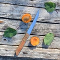 Apricot cut in half between the cloves knife next to leaves selective Royalty Free Stock Photo