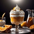 Apricot dessert with whipped cream in a glass and orange, apricot collage, 3D rendering, professional banner with copy space, Royalty Free Stock Photo