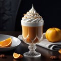 Apricot dessert with whipped cream in a glass and orange, apricot collage, 3D rendering, professional banner with copy space, Royalty Free Stock Photo
